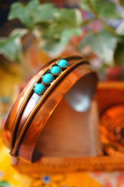 USA 70's 70s COPPER BANGLE w/TURQUOISE DECO ヴィンテージ バングル