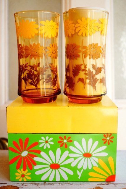 USA VINTAGE Libbey AMBER PRINT GLASS 60's 70's ヴィンテージグラス