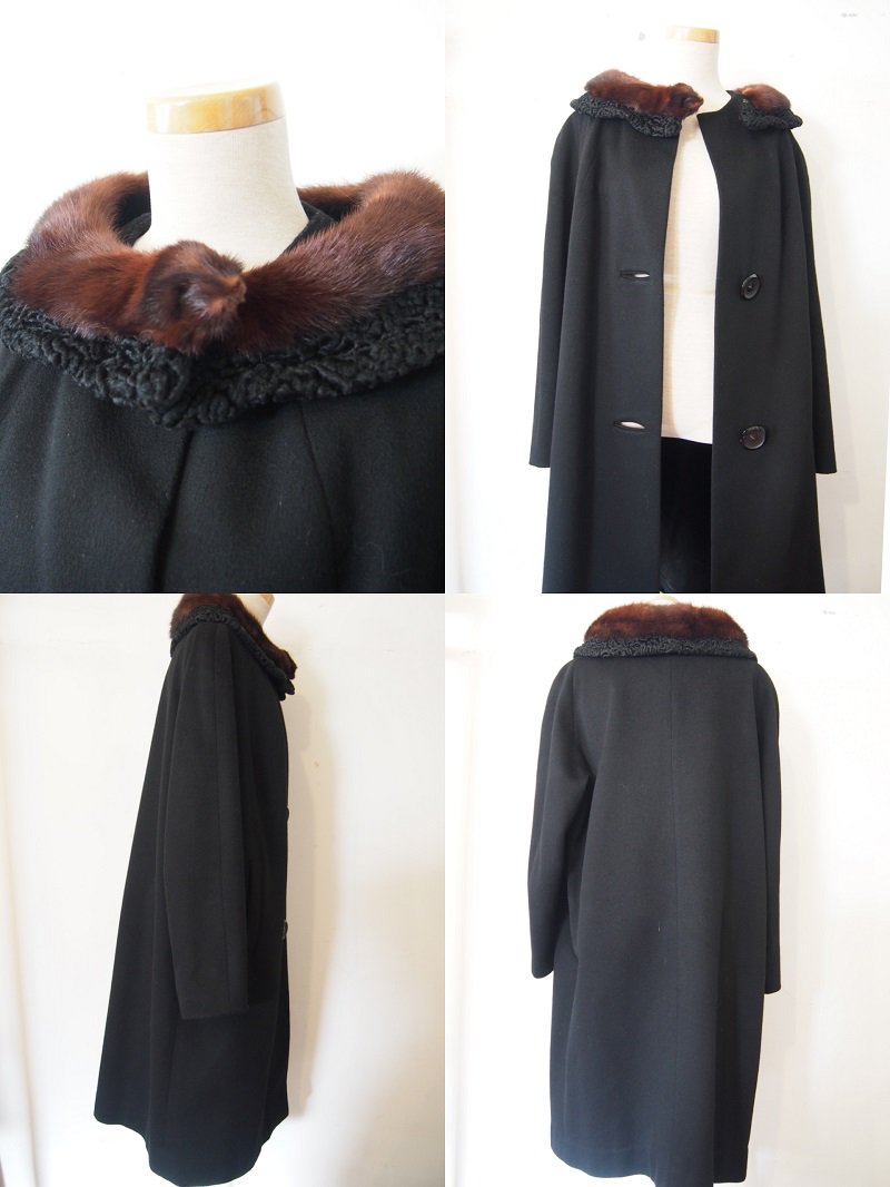 60's UK vintage mink collar black coat ミンク襟 コート（黒） - spacemoth