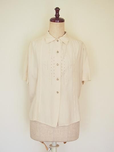 UK 1950's vintage silk embroidery lace blouse (ivory) イギリス