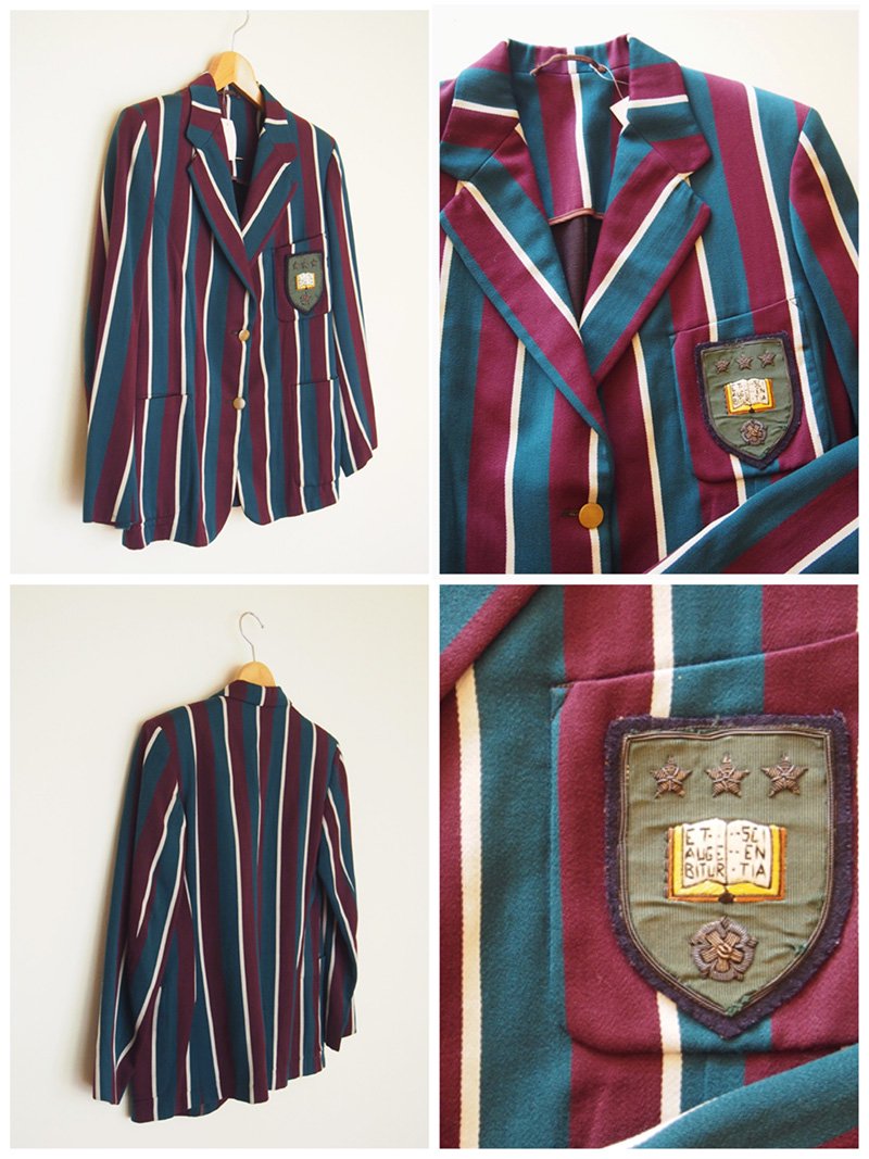 1940's UK vintage boating blazer 1940年代 イギリス ヴィンテージ  ボーティング・ブレザー/スクール・ジャケット（バーガンディ×グリーンストライプ/エンブレム刺繍） - spacemoth / fripier  zoetrope - vintage / new clothing, music, cinema & books