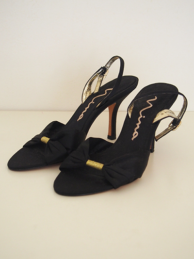 USA vintage mina satin shoes (black × gold ribbon) / アメリカ ヴィンテージ サテン・リボン・ パンプス（黒×ゴールド） - spacemoth / fripier zoetrope - vintage / new clothing