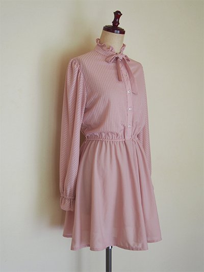 USA vintage bowtie long sleeve dress(pale pink) / アメリカ ヴィンテージ ボウタイフリル長袖ワンピース（薄ピンク）  - spacemoth / fripier zoetrope - vintage / new clothing, music, cinema &  books