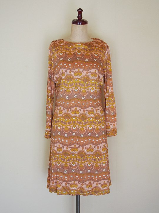 UK 1970's vintage printed long sleeve dress(pale pink) / イギリス ...