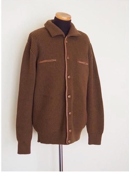 UK vintage knit jacket (brown × leather trimming) / イギリス