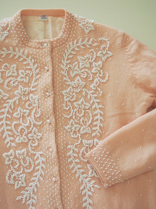 UK vintage beads cardigan (pink × white) / イギリス ヴィンテージ