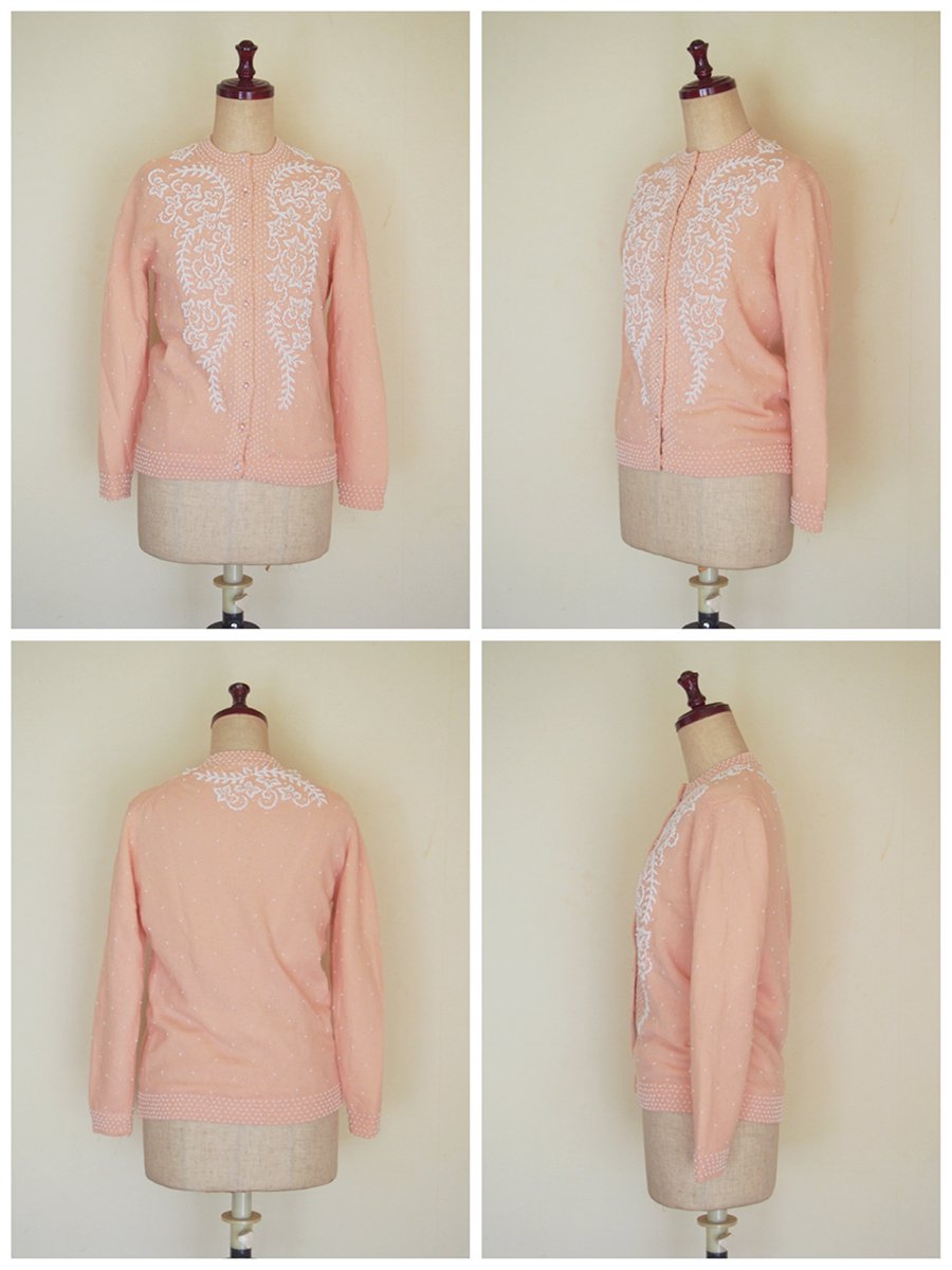 UK vintage beads cardigan (pink × white) / イギリス ヴィンテージ 