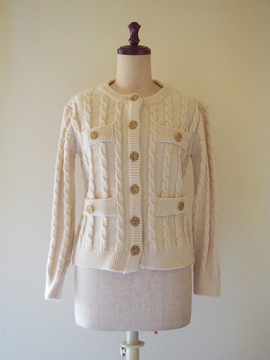 USA cable knit cardigan (ivory × gold button) / アメリカ ケーブル