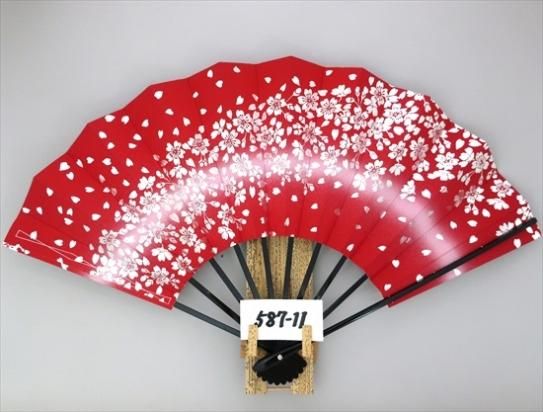 舞扇子の扇亘】A587-11 尺1寸舞扇子 銀箔桜 白ピース 赤地