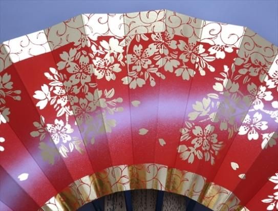 舞扇子の扇亘】A2280 舞扇子 金箔桜から草模様囲 朱地白ピース