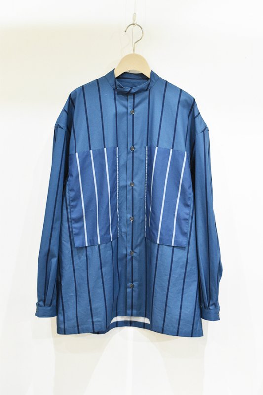 E.TAUTZ - COLLAR LESS LINEMAN SHIRT - NAVY/PALE BLUE CANDY STRIPE