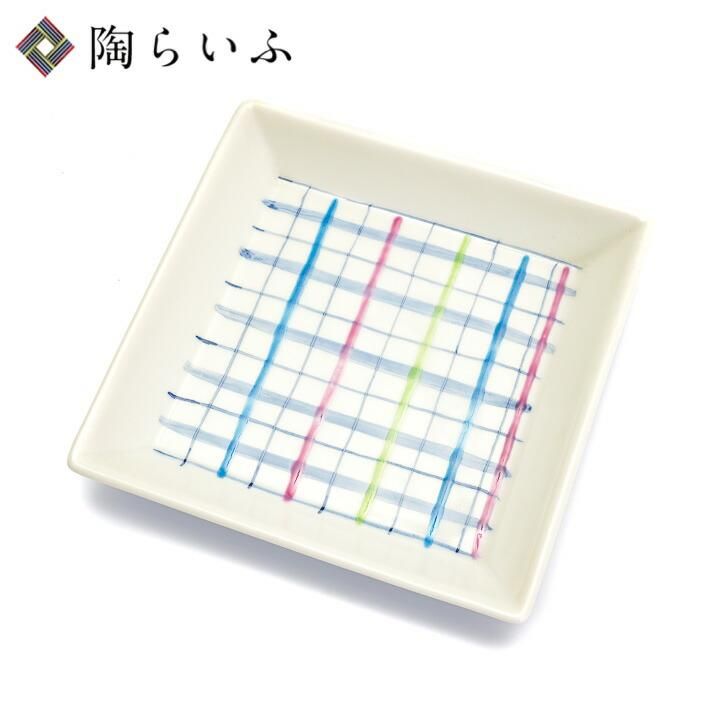 4号角皿 チェック 青/色絵九谷 遊