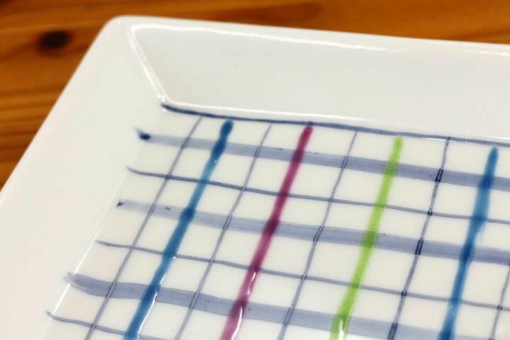 4号角皿 チェック 青/色絵九谷 遊