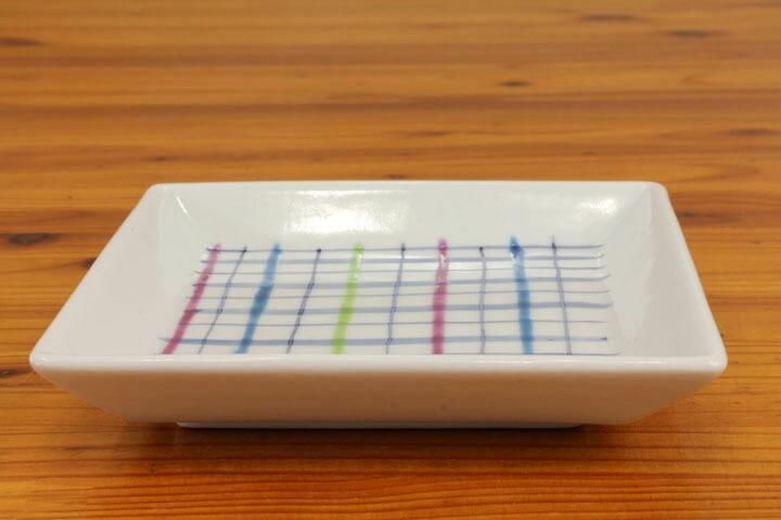 九谷焼　色絵遊窯　素敵な角皿　4枚 4号角皿 チェック 赤/色絵九谷 遊