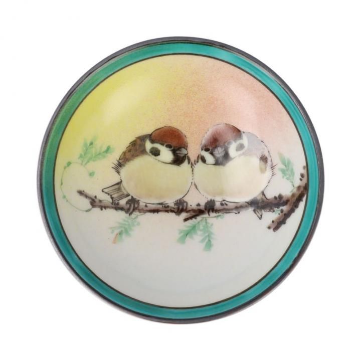 Valencia　九谷焼　中村陶志人造　雀図玉盃盃台　共箱　M　R3536 Valencia 九谷焼 中村陶志人造 雀図玉盃盃台 共箱 M R3536