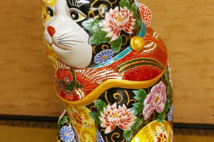1273  九谷焼　角福　染付扇文　招き猫　時代物 Amazon.co.jp: 招き猫 23cm 染付 宝尽し 一対 まねき猫 検索 猫
