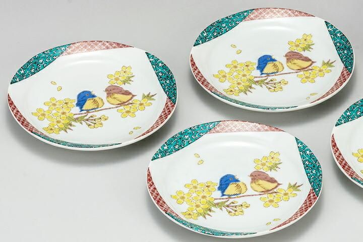梅の花と月の模様の陶器皿 5.5号皿揃 花すずめ