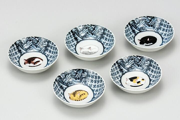 新品　九谷焼　9cm 小鉢　眠り猫　A　ねこ　ネコ　猫 小鉢揃5枚セット（9.3cm） 眠り猫