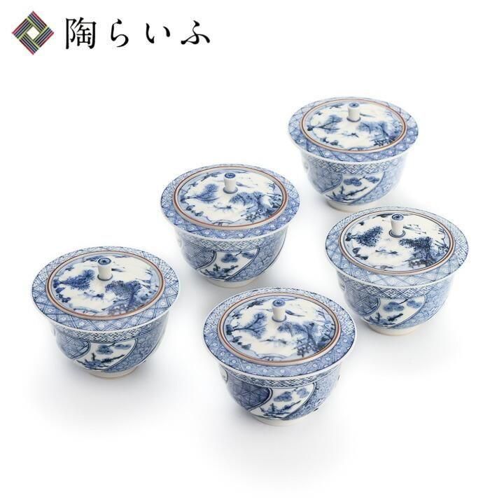 宮中御用命　染付瑞雲文蓋付汲出碗　5客揃い 宮中御用命 染付瑞雲文蓋付汲出碗 5客揃い