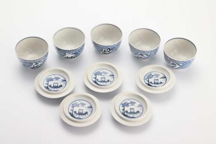 宮中御用命　染付瑞雲文蓋付汲出碗　5客揃い 宮中御用命 染付瑞雲文蓋付汲出碗 5客揃い