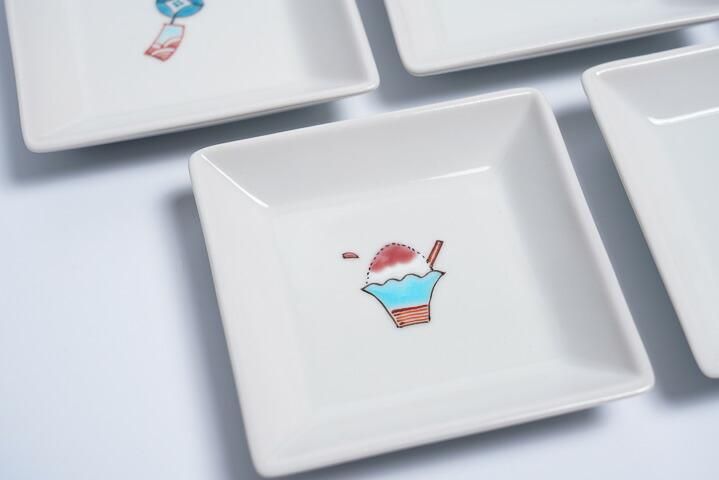 夏の便り 角皿揃（風鈴・金魚・スイカ・かき氷・うちわ）/大志窯