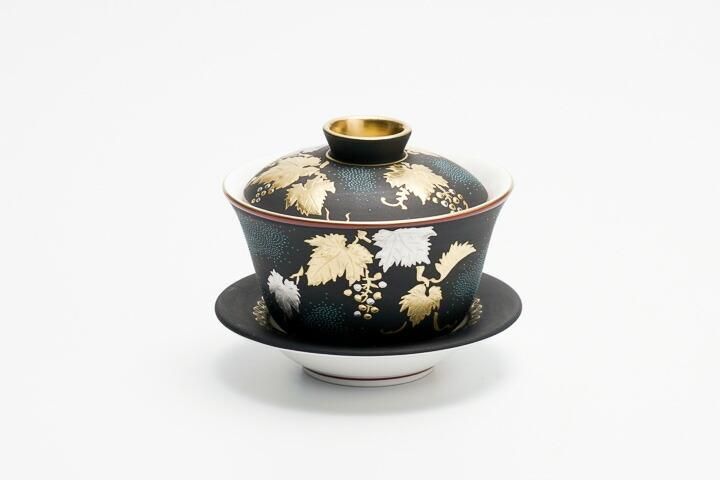 プラチナ盛金盛葡萄図 茶器セット 茶壺 蓋碗 聞香杯茶杯 青粒（桐箱入
