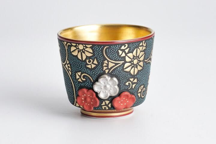 丸型 酒盃 盛金鉄線青粒（桐箱入り）/仲田錦玉