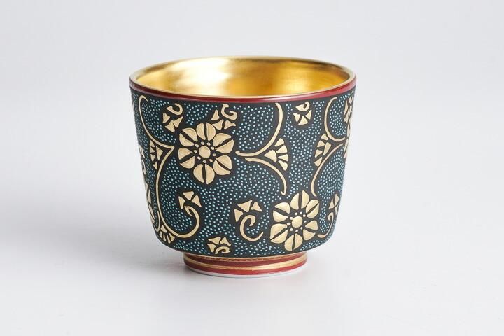 丸型 酒盃 盛金鉄線青粒（桐箱入り）/仲田錦玉