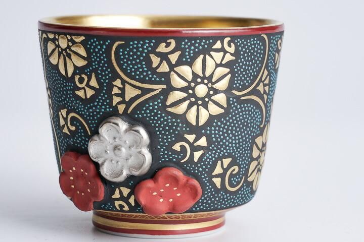 丸型 酒盃 盛金鉄線青粒（桐箱入り）/仲田錦玉