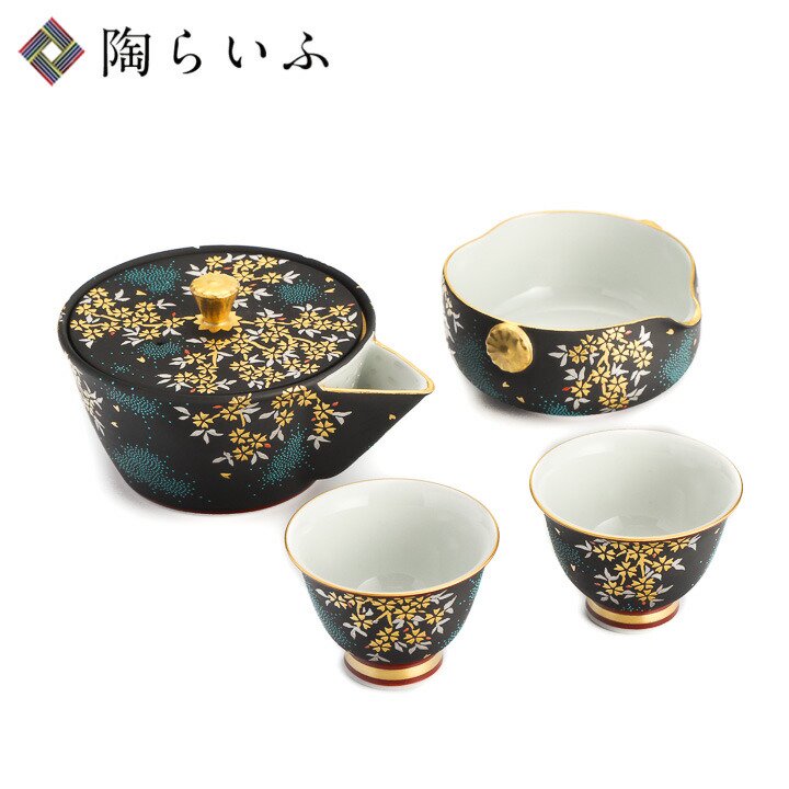 プラチナ盛金桜図青粒 茶器セット 急須 湯ざまし 茶杯（桐箱入り