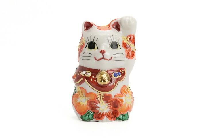 2号 招き猫 ハイビスカス 左手上げ