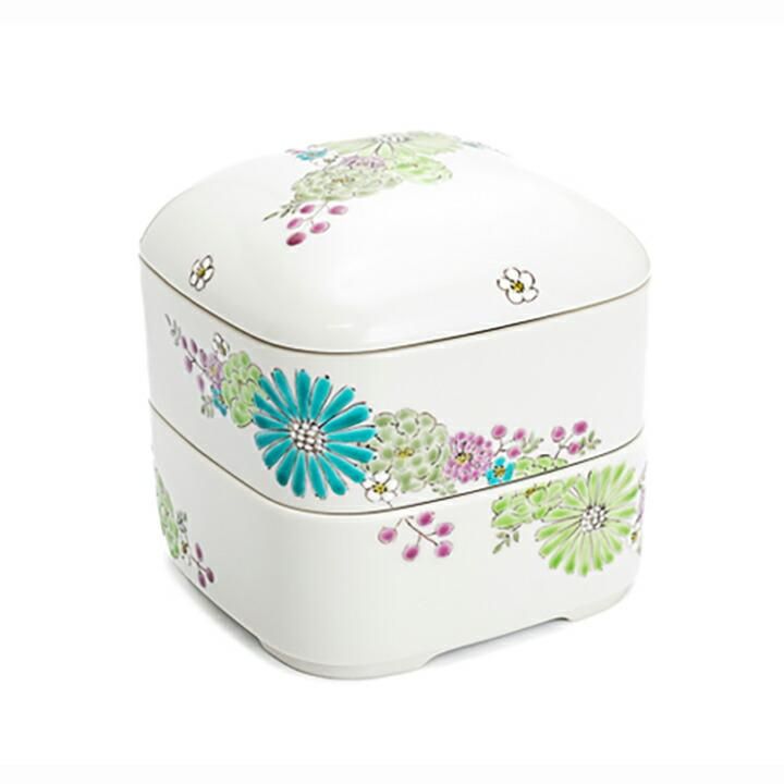 二段重 華 グリーン/色絵九谷 遊