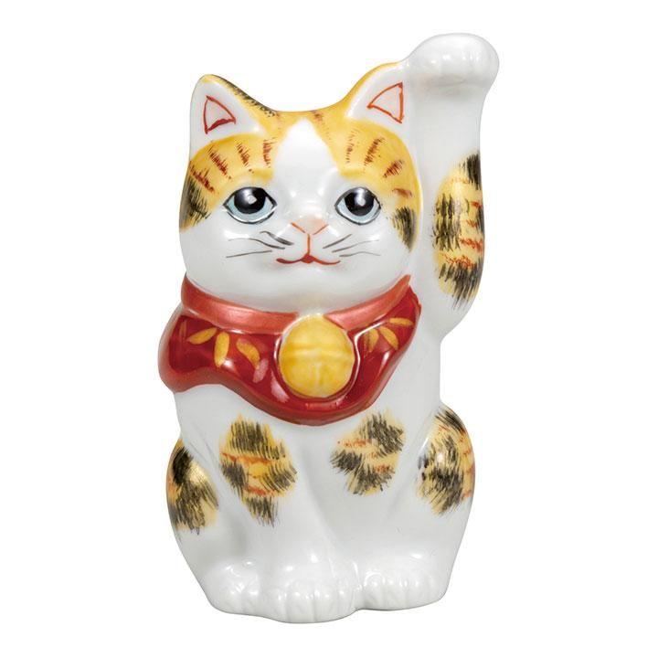 九谷焼　新品　招き猫　三毛猫 九谷焼 招き猫 左手招き 三毛猫 陶器 金彩 古作