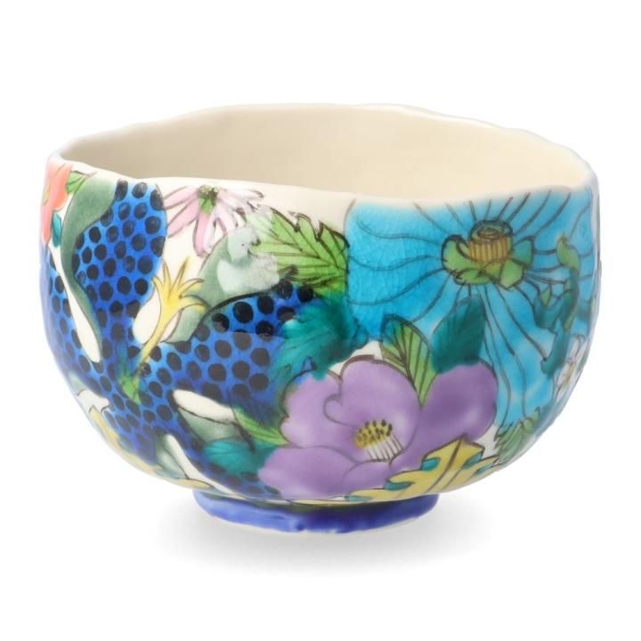 青色陶器抹茶茶碗 金色花柄 手びねり抹茶碗 花柄 フラワー 赤花 | 石原進一 ｜ 九谷焼の販売