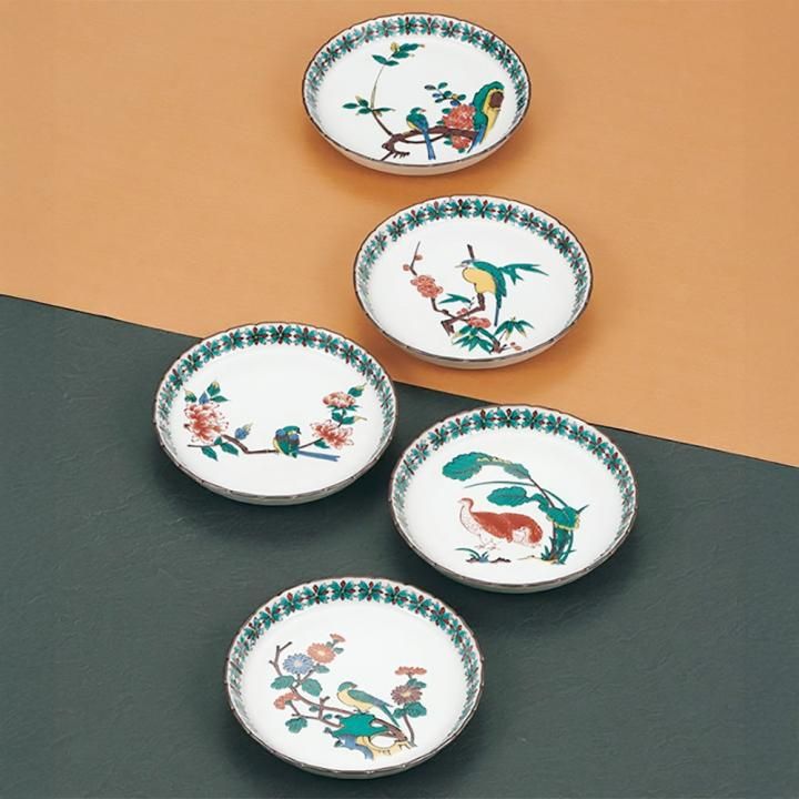 江戸 九谷焼菱型小皿5点 花鳥紋 送料込み0211 5.5号皿揃 花鳥絵変わり