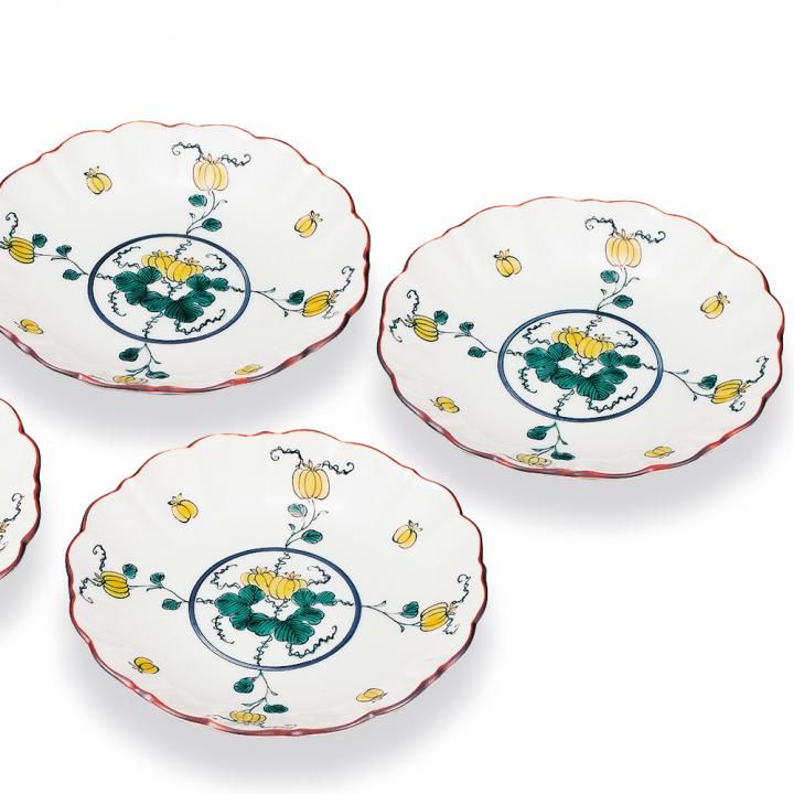 九谷焼 丸紋 絵変 寿 色絵 5枚 箱付 手描き 九谷焼 丸紋 絵変 寿 色絵