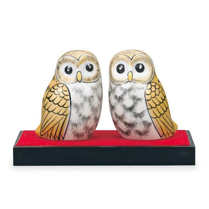 【レア新品・未使用✨】林和一作　中皿　陶芸　フクロウ 2.5号ペア梟 金釉彩 花台・敷物付・紙箱入り - 和食器の通販なら九谷焼