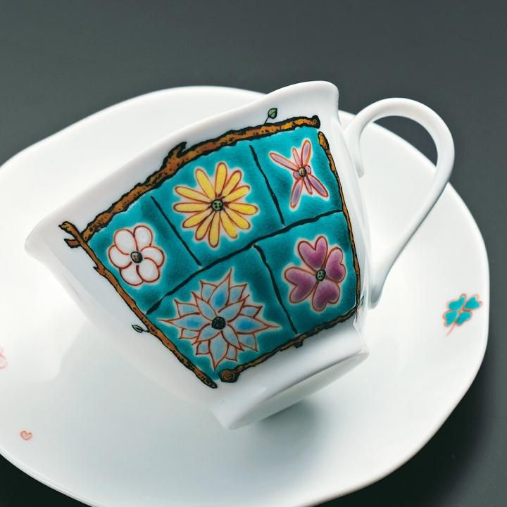 カップ&ソーサー フラワーBOX グリーン / 岩田玲子 化粧箱入り - 和