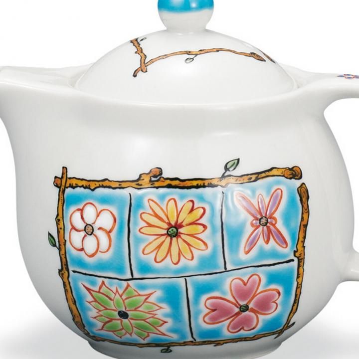 ポット急須 フラワーBOX ライトブルー / 岩田玲子 化粧箱入り - 和食器