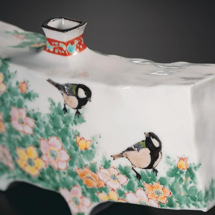 8号扁壺 バラに四十雀 / 中村陶志人 桐箱紐通し入り - 和食器の通販