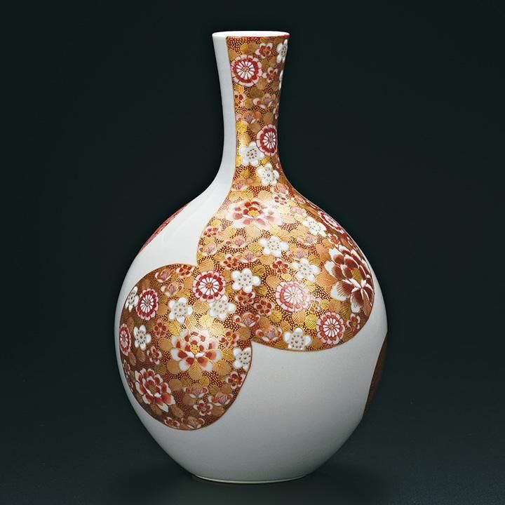 赤絵金彩文 花瓶 「乾隆年製」●華やかな赤絵金彩絵付け 高さ35cm ● 8号花瓶 赤絵金彩花詰紋 / 高聡文 桐箱紐通し入り - 和食器の通販なら