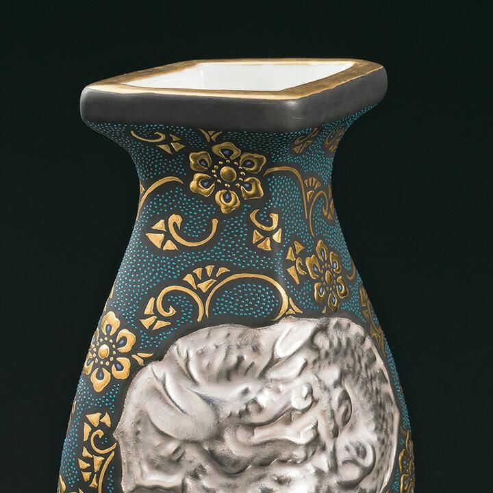 花入 盛金唐草文青粒龍鳳凰図 / 仲田錦玉 桐箱紐通し入り - 和食器の