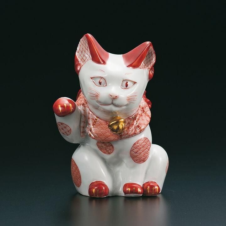 4号招き猫 赤絵細描丸紋 / 福島礼子 桐箱紐通し入り - 和食器の通販