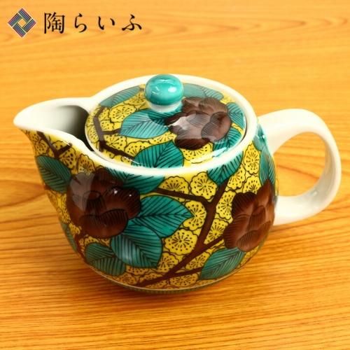 九谷焼　ポット急須「グリーン山茶花」新品・未使用