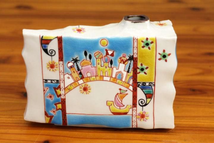 九谷焼船形置物床飾り 浜千鳥紋陶八銘 染付舟形水盤 花入 花器 花生