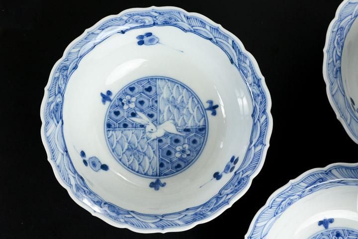 素敵な 宮内庁御用窯】4号小鉢揃 /山本長左 青華うさぎ文 食器