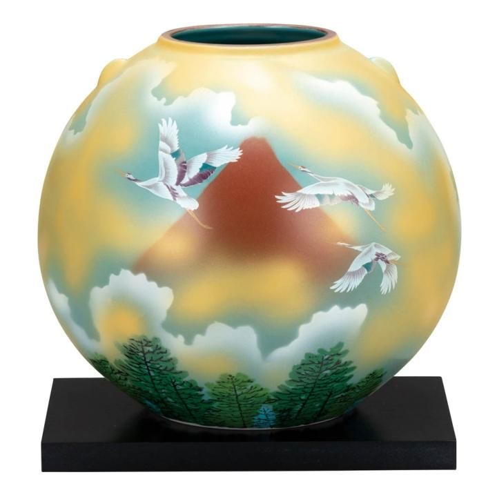 花瓶/九谷焼/鶴平造/値下げしました 7号花瓶 赤富士に鶴