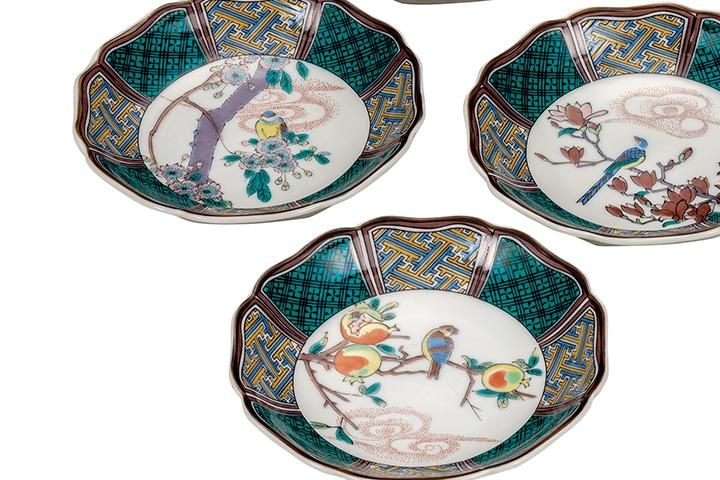 九谷焼 宮本晄 絵変わり 皿揃 五枚 共箱 八角皿 図変 絵変 銘々皿 茶道具 九谷焼 宮本晄 絵変わり 皿揃 五枚 共箱 八角皿 図変 絵変 銘々