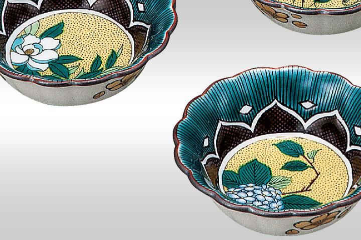 【新品未使用】九谷焼　吉田屋草花　2.5号小鉢揃　五客揃　九谷美山 2.5号小鉢揃 吉田屋草花 / 美山窯 32-045