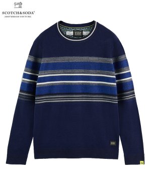 Structured organic striped crewneck sweater / ネイビー [282-65405]